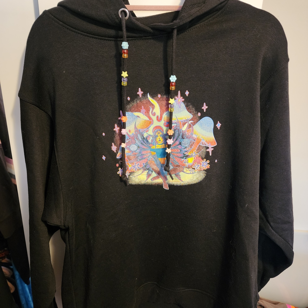 Black Hoodie with Colorful Psychedelic Mushroom Graphic